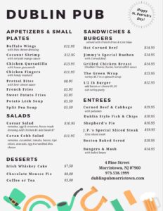 Dublin Pub Morristown St. Patrick's Day Menu